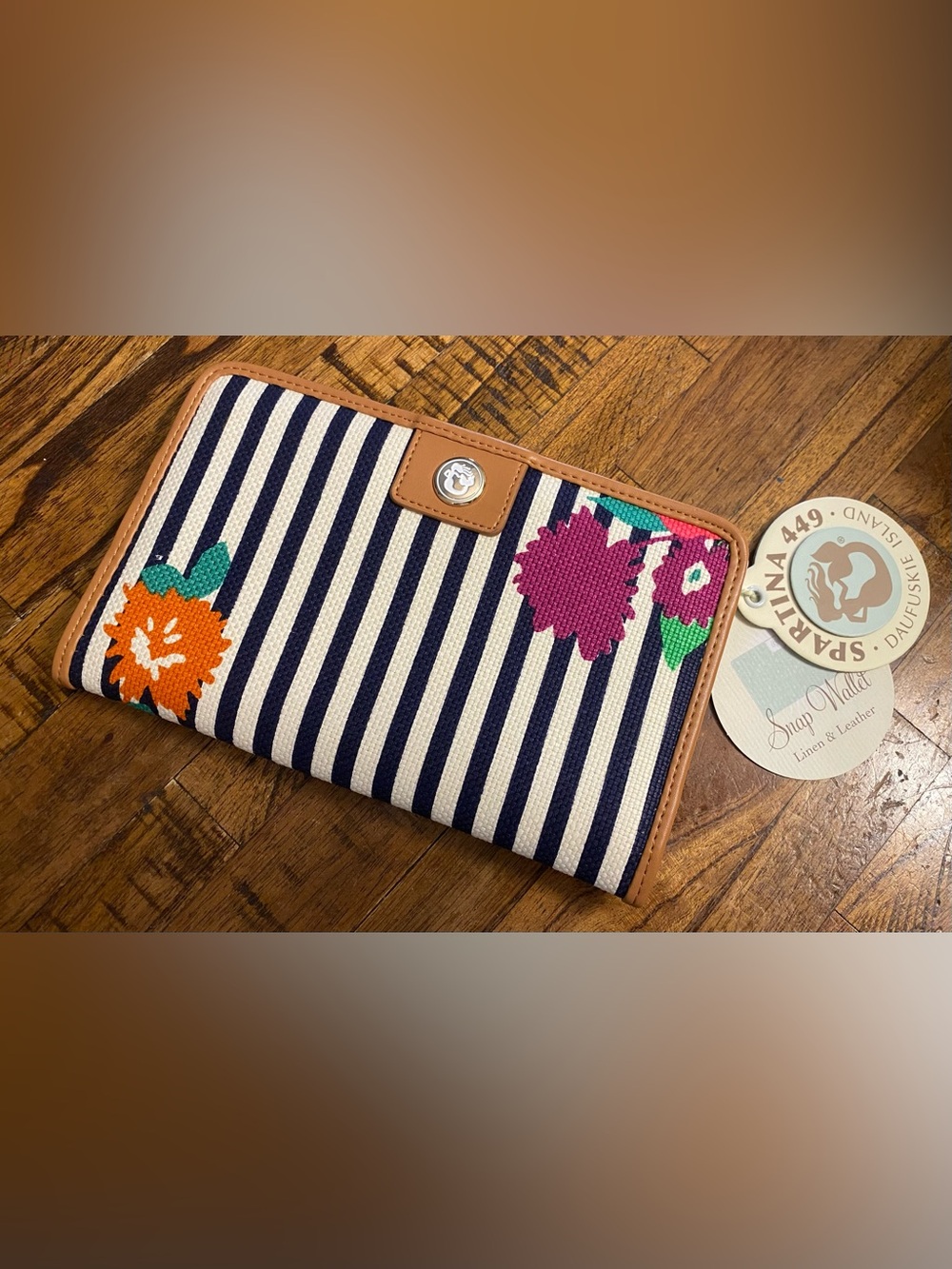 NWT Spartina 449 Striped Floral Wallet Snap Closure Leather Trim